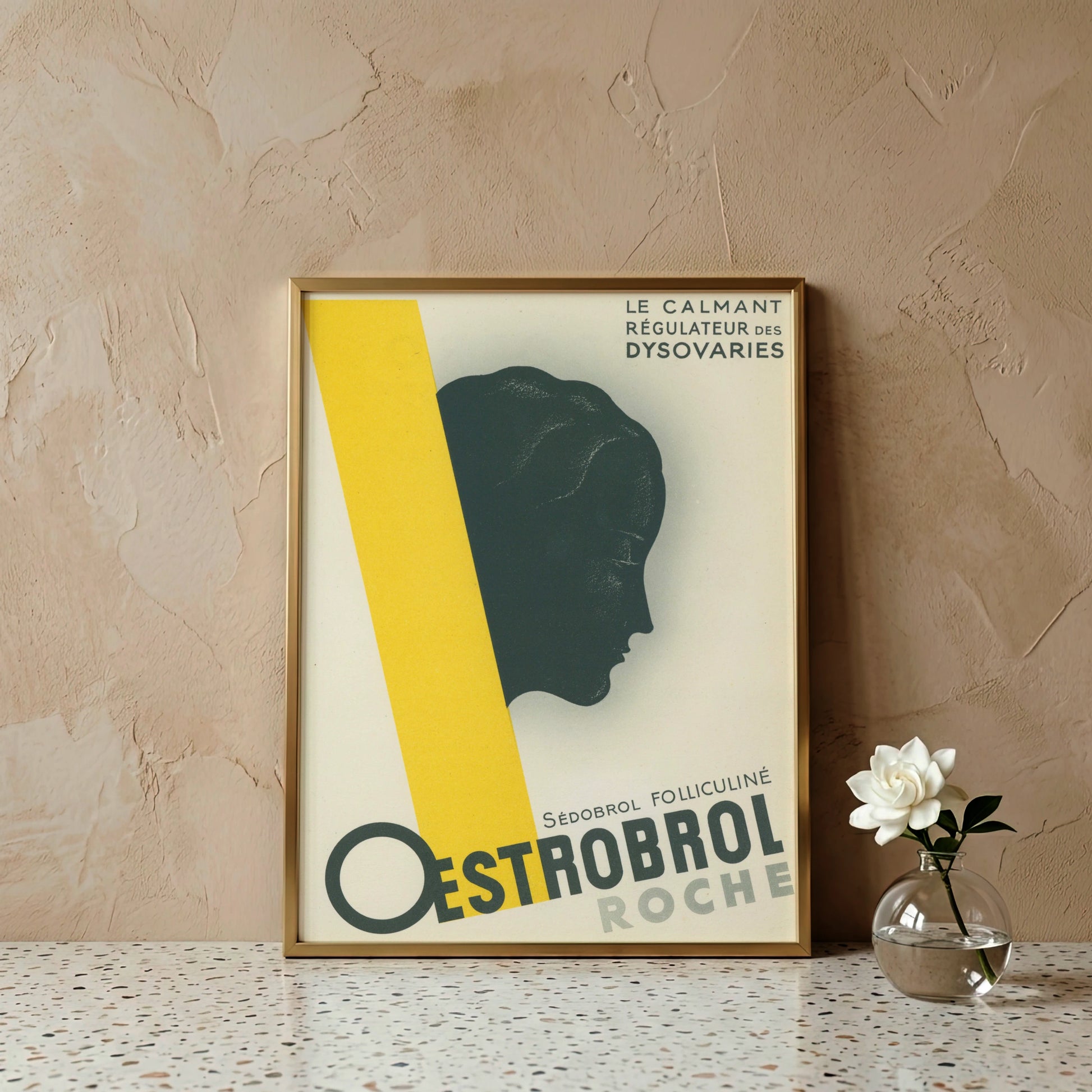 Historische Schweizer Arzneimittelwerbung mit moderner Typografie und markanter Illustration.