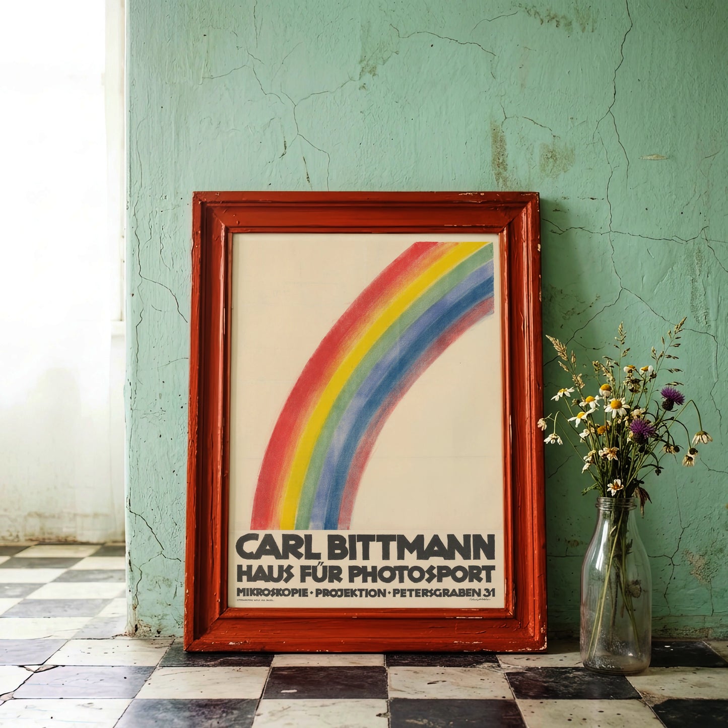 Farbenfroher Regenbogen auf beigefarbenem Hintergrund mit Text zur Fotografie und Mikroskopie.