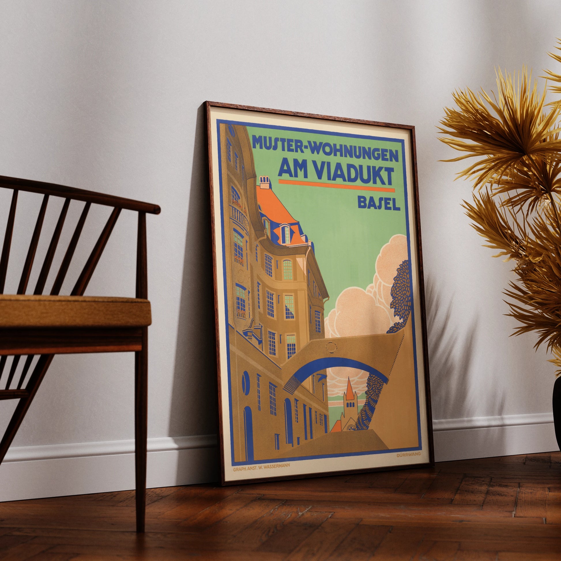 Schweizer Vintage-Plakatkunst mit markanter Typografie und Stadtansicht von Rudolf Dürrwang.
