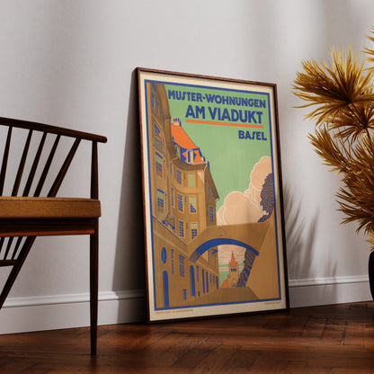 Schweizer Vintage-Plakatkunst mit markanter Typografie und Stadtansicht von Rudolf Dürrwang.