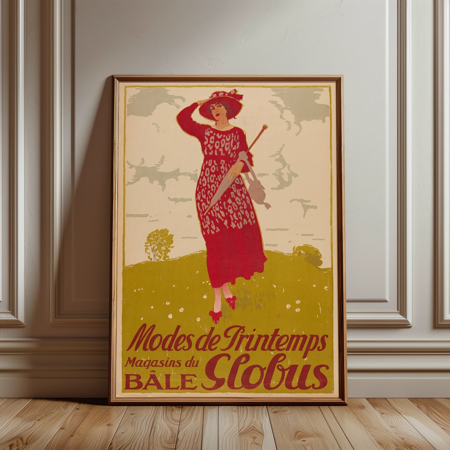 Detailansicht eines historischen Modeplakats in den Farben Rot, Gelb und Grün aus dem Jahr 1925.