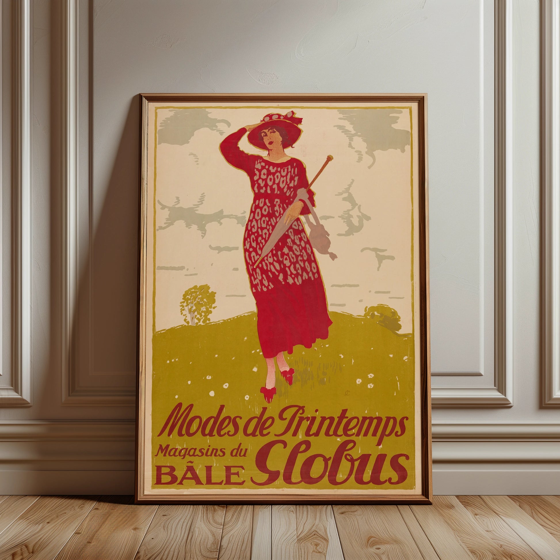 Detailansicht eines historischen Modeplakats in den Farben Rot, Gelb und Grün aus dem Jahr 1925.