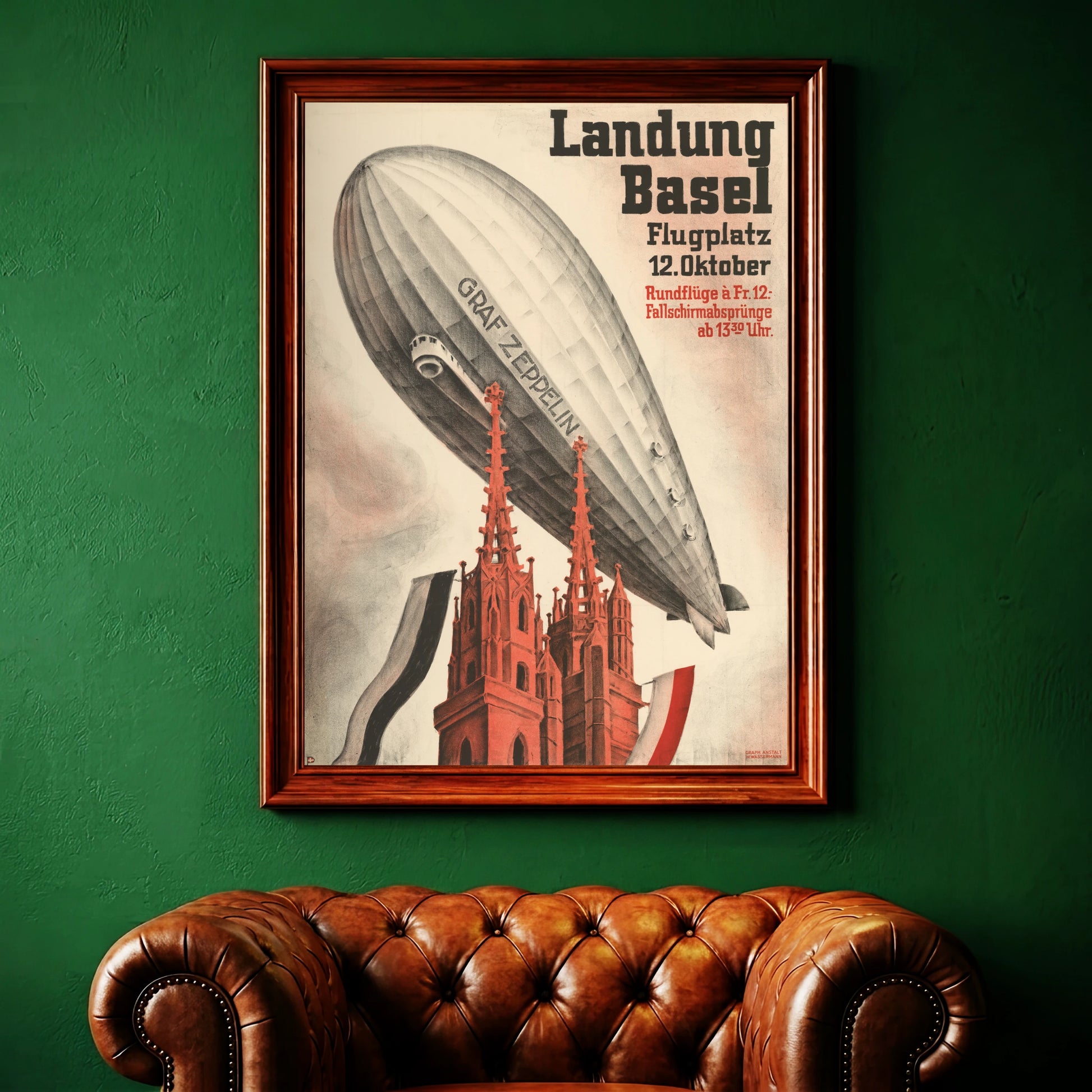 Vintage Kunstdruck eines Luftschiffs über rotbraunen Kathedralentürmen in Basel.