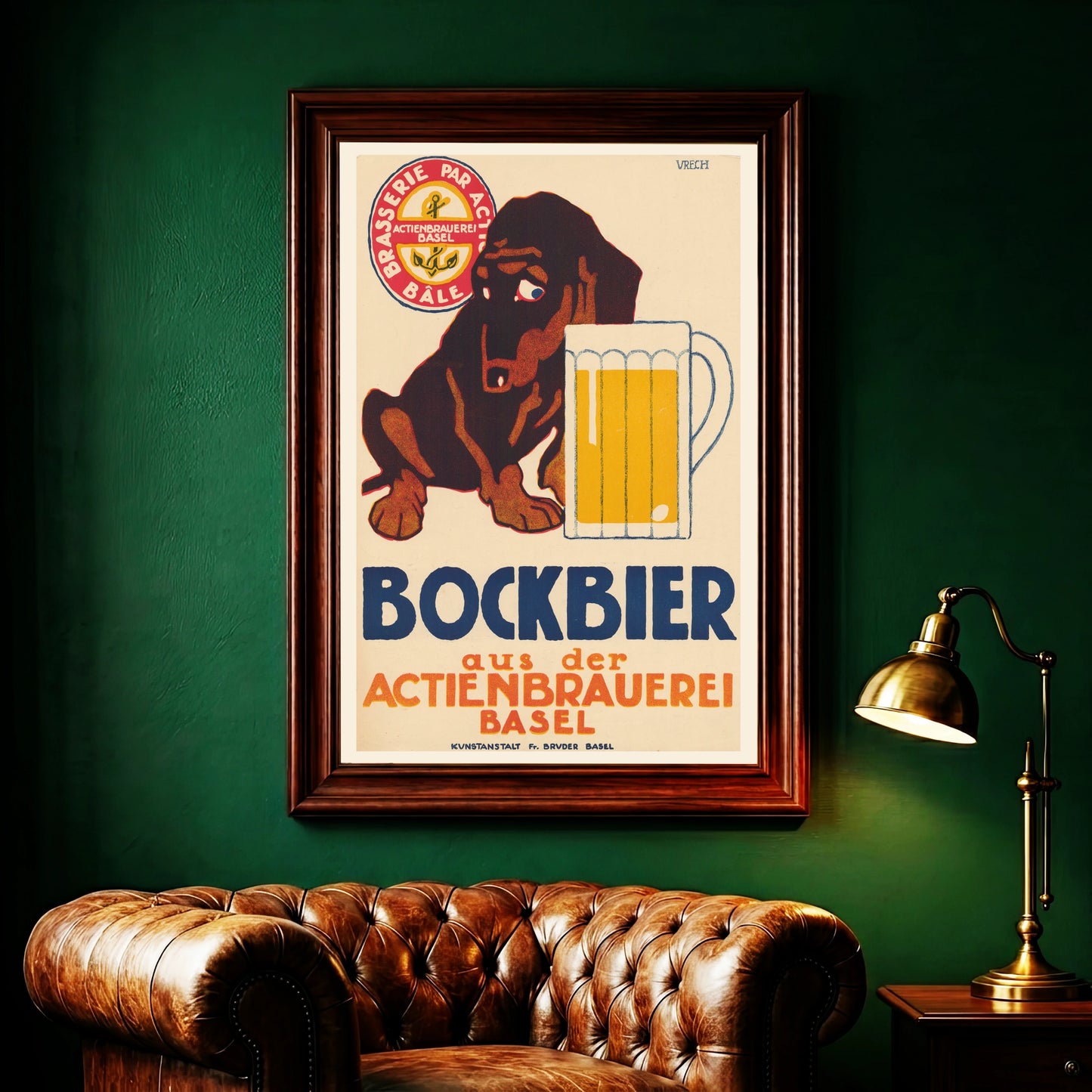 Historisches Werbeplakat Bockbier Actienbrauerei Basel von 1915 mit blauer und roter Schrift.