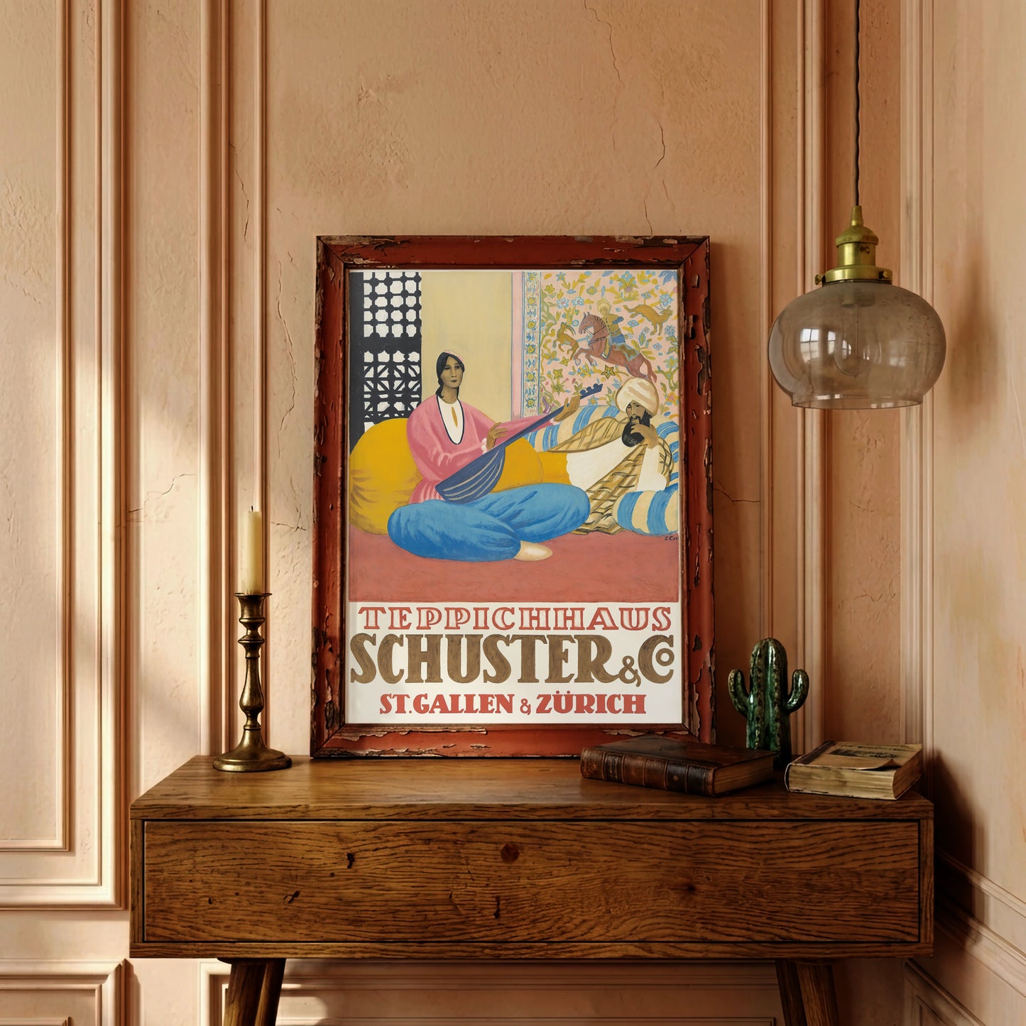 Illustration eines Mannes mit Turban und einer Saitenspielerin in einem orientalischen Raum.