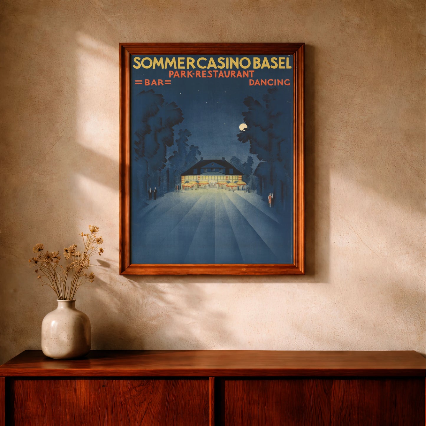 Illustriertes Schweizer Werbeplakat für das Park-Restaurant Sommercasino in Basel im Art Deco Stil.