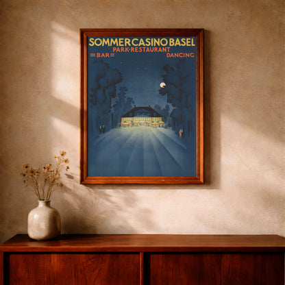 Illustriertes Schweizer Werbeplakat für das Park-Restaurant Sommercasino in Basel im Art Deco Stil.