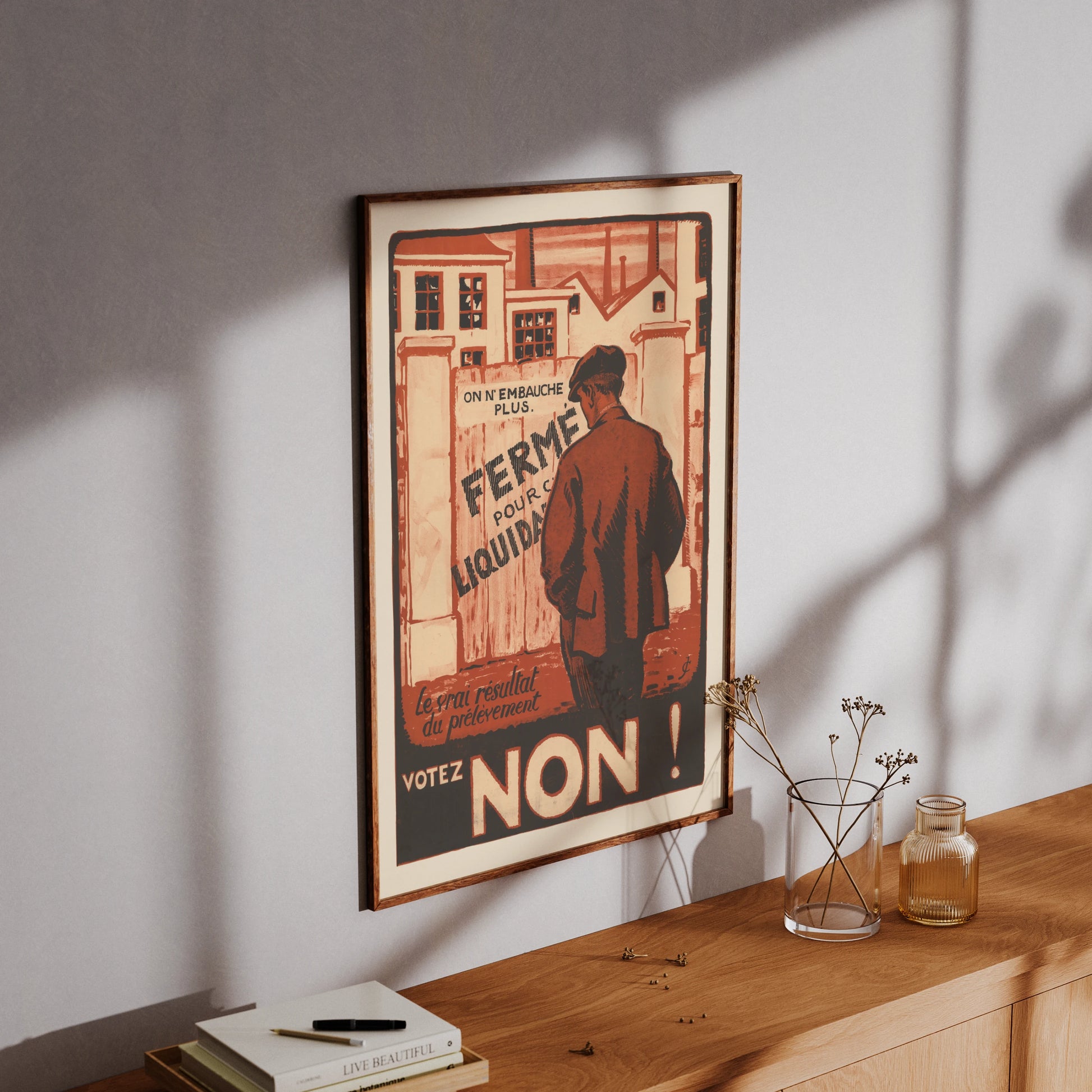 Historisches Schweizer Plakat 'Votez Non' in Rot- und Schwarztönen.