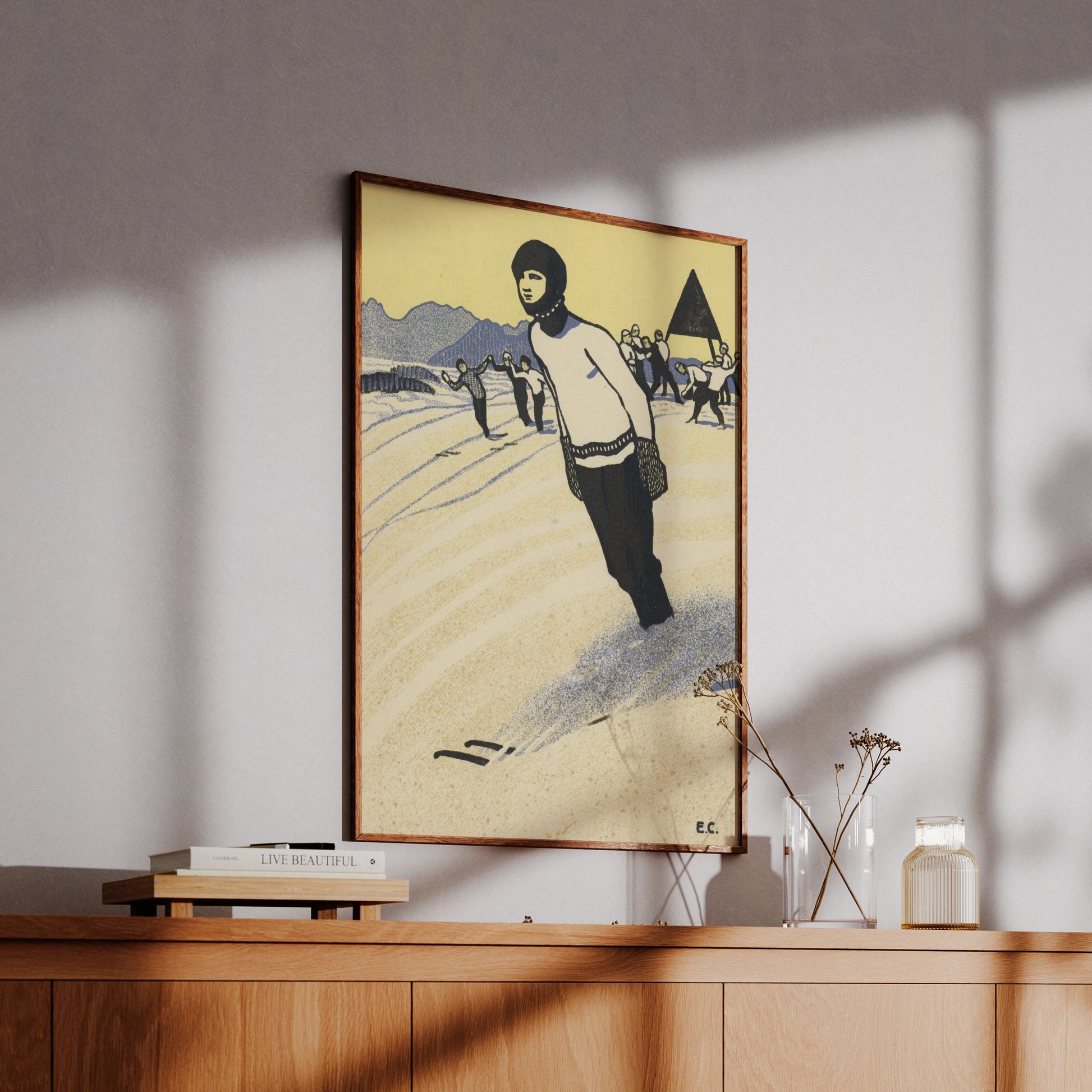 Retro-Plakat Thomasianum Bern mit einer Person im Vordergrund und Skifahrern im Hintergrund.