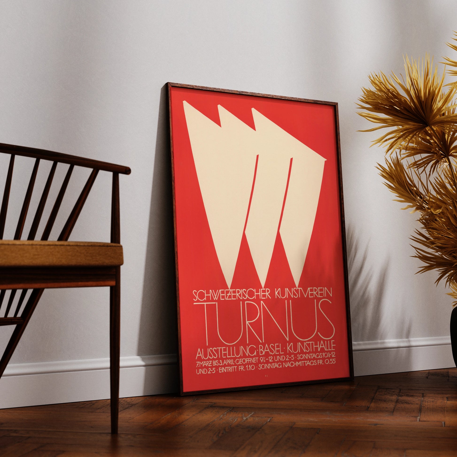Abstraktes Schweizer Grafikdesign Poster mit weißen Zacken auf rotem Grund.