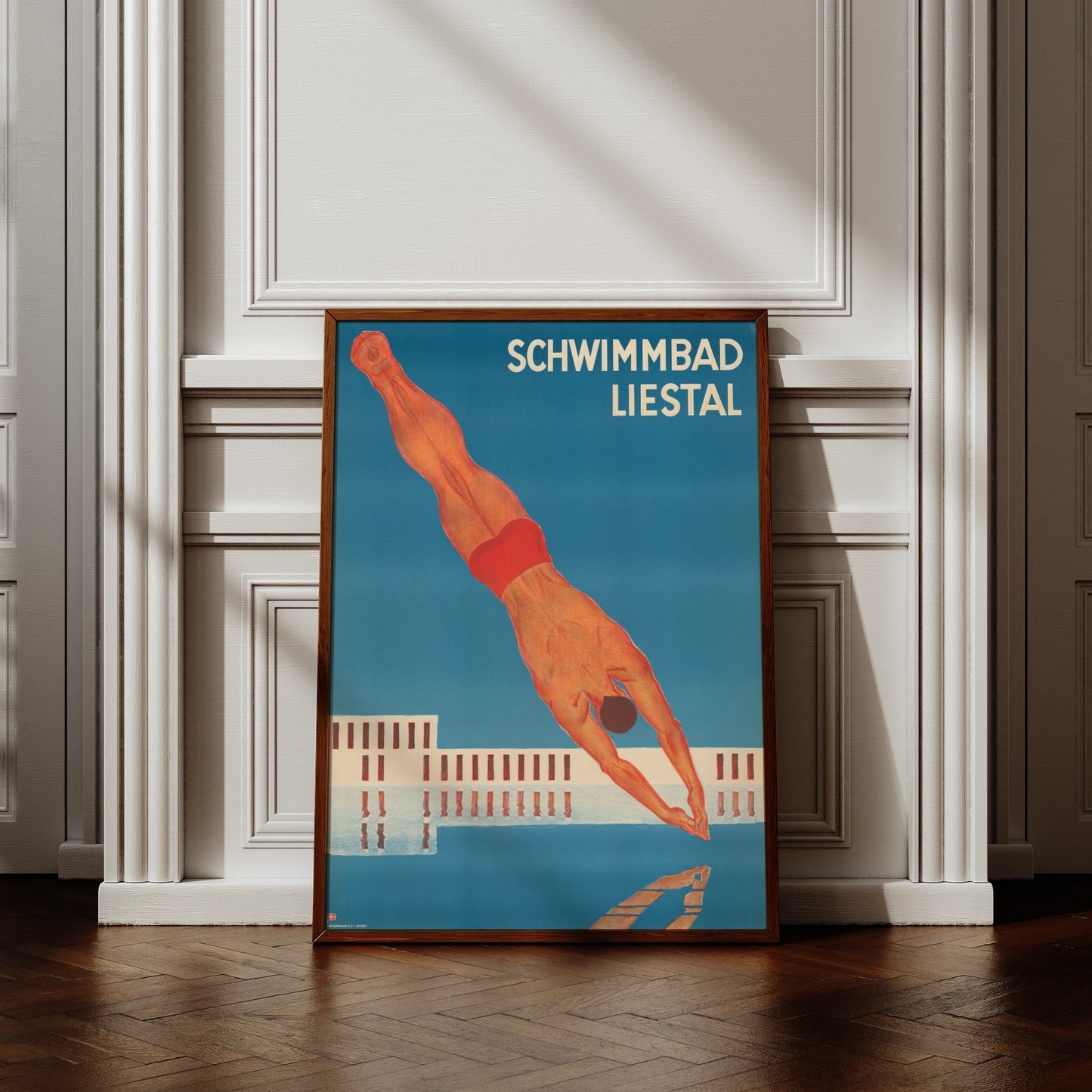 Vintage Plakat Schwimmbad Liestal 1934 von Otto Plattner mit einem Schwimmer beim Kopfsprung.