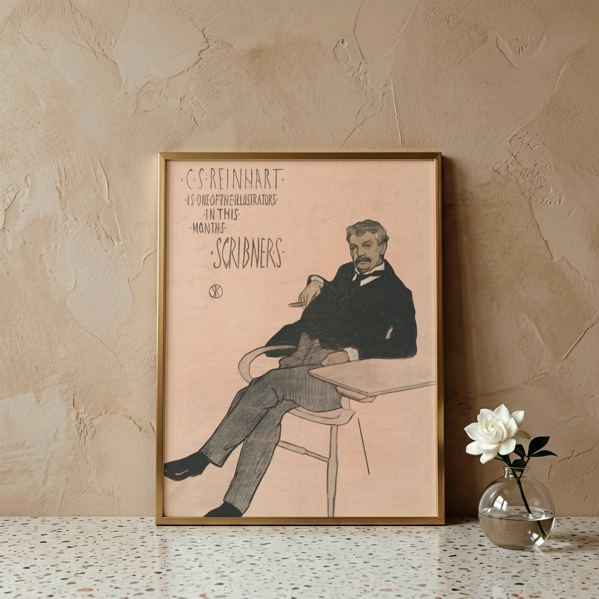 Illustration eines sitzenden Mannes in einem Anzug mit Schnurrbart für das Scribner's Magazine.