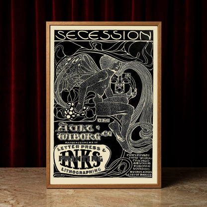 Symmetrisches Vintage-Poster Design der Jahrhundertwende mit floralen und abstrakten Ornamenten.