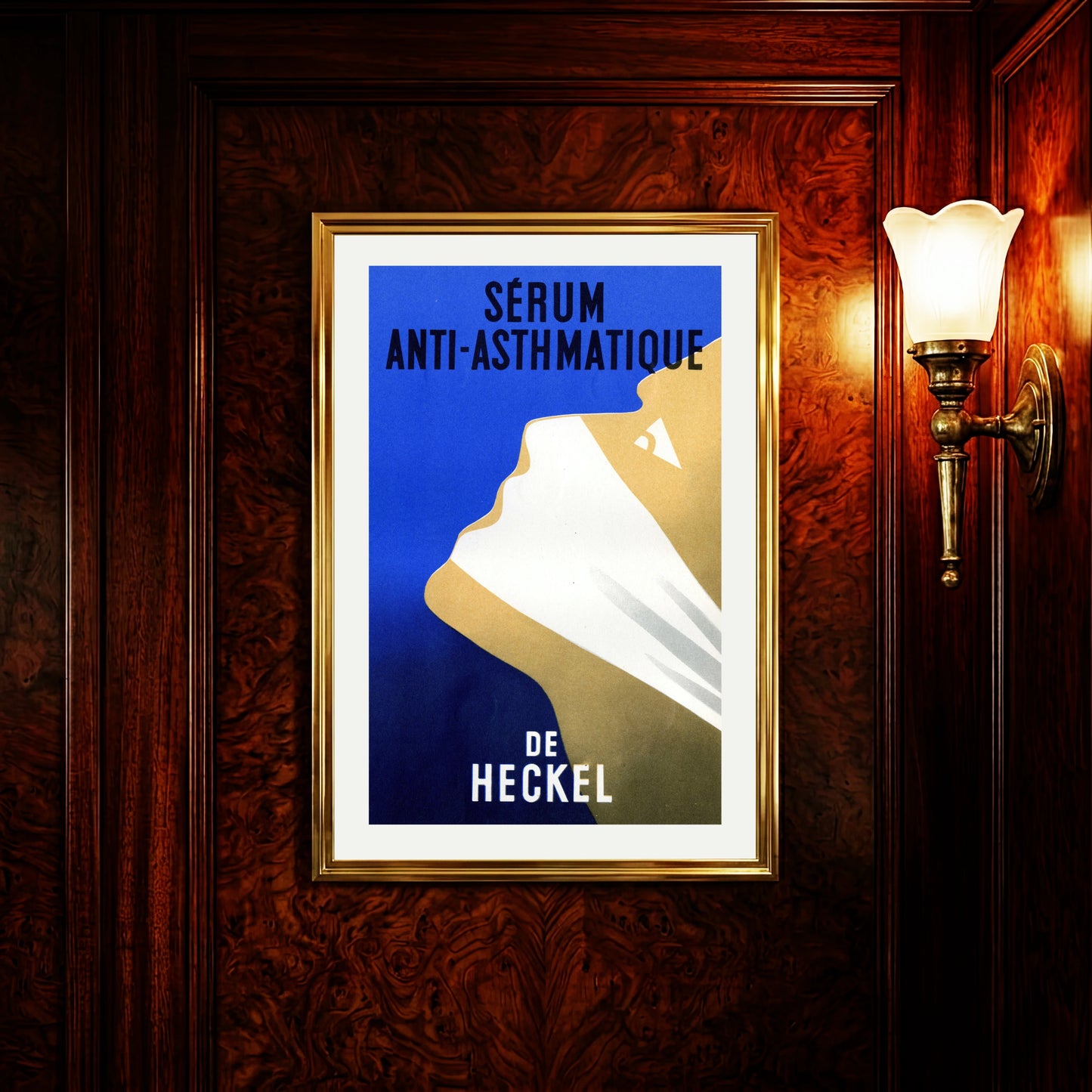 Minimalistisches französisches Vintage-Poster für Asthma-Serum mit Gesichtsprofil in Blau und Beige.