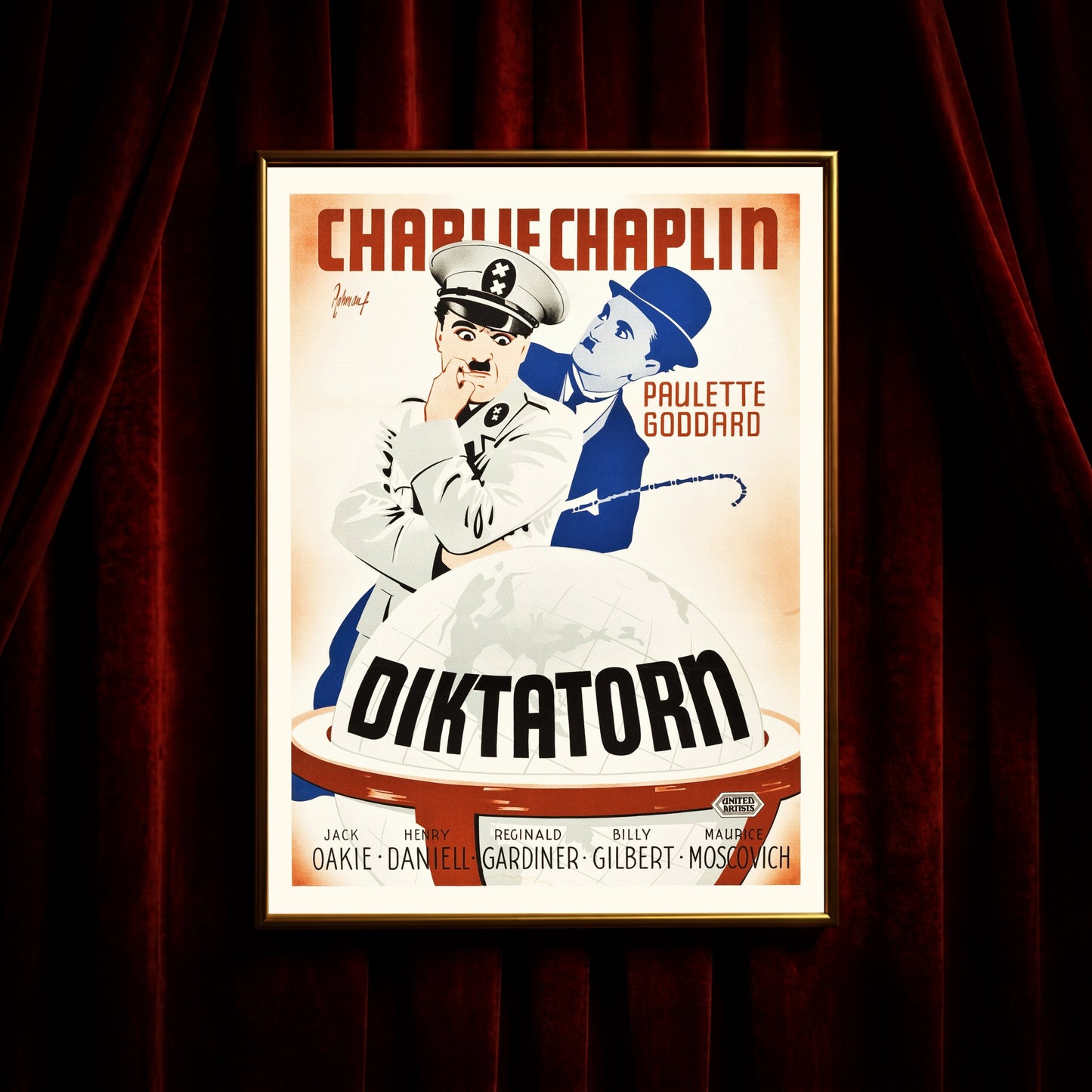 Close-up der Typografie und Grafik des Chaplin Filmplakats von 1945.