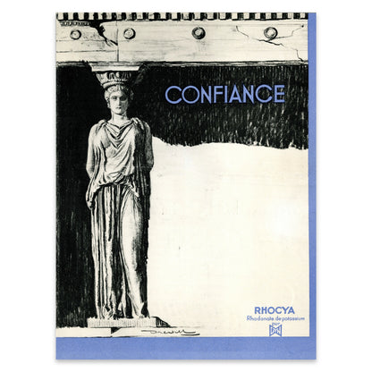 Pharmazeutisches Vintage-Poster mit blauem Rand und zentraler Karyatiden-Illustration.