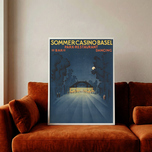 Vintage Plakat Sommercasino Basel 1931 von Burkhard Mangold mit nächtlicher Park-Szene.