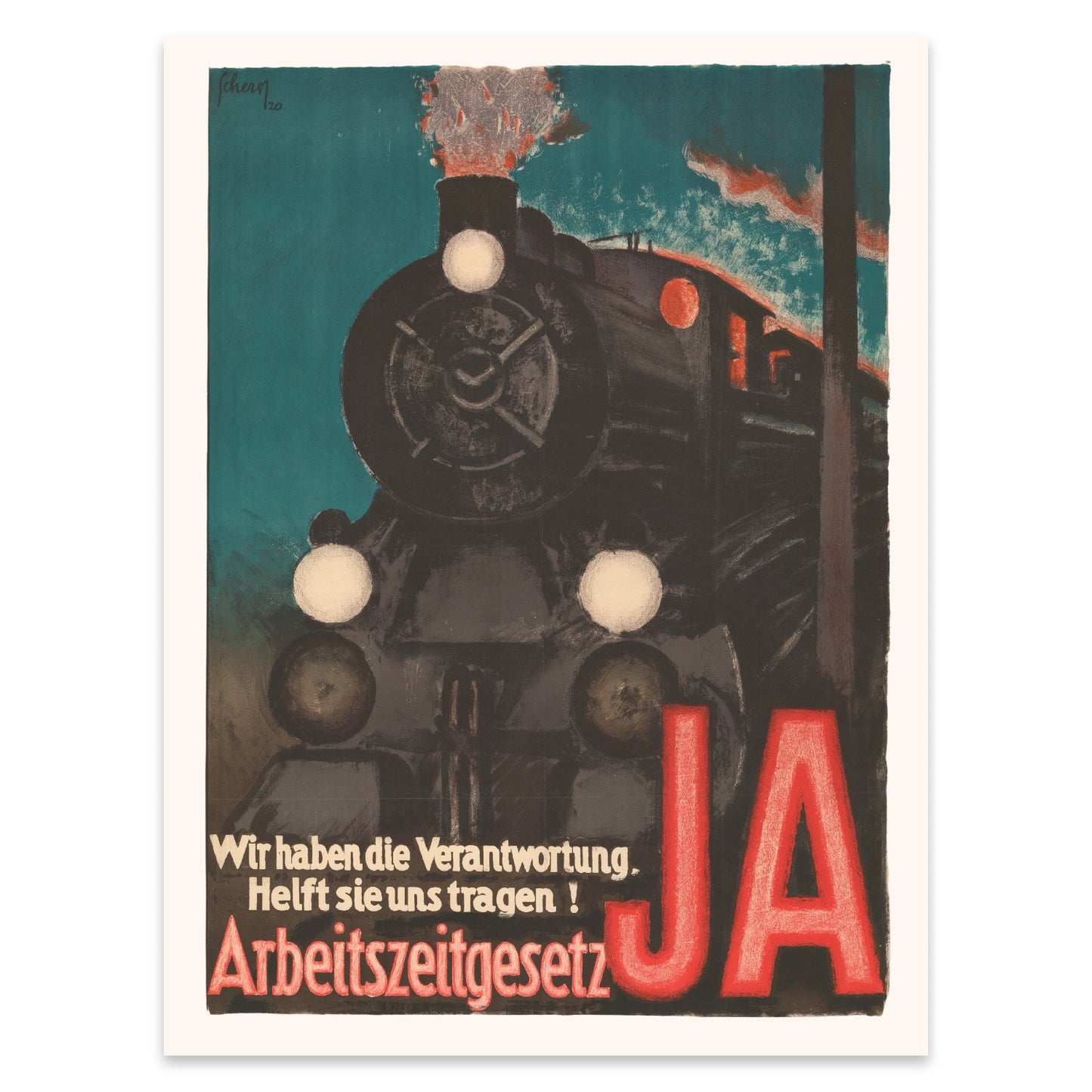 Vintage Poster mit Dampfross Motiv und expressivem Himmel Hintergrund.