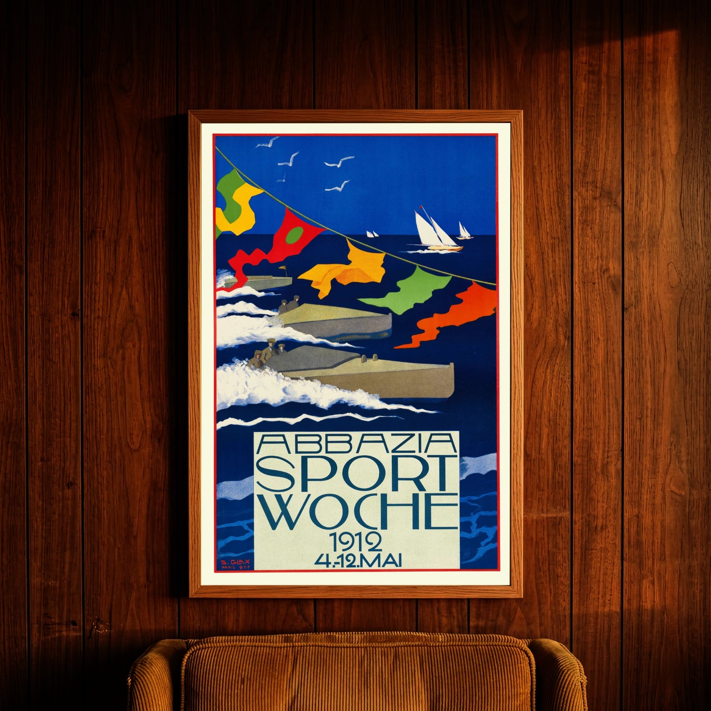 Farbenfrohe Wimpel und stilisierte Wellen auf einem historischen Sportplakat von 1911