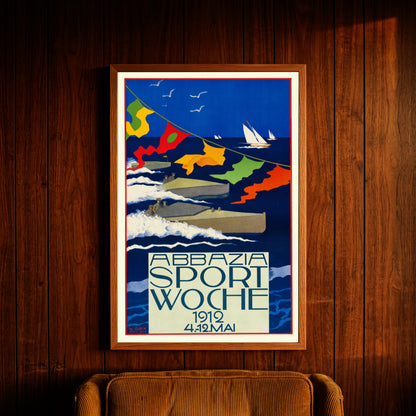 Farbenfrohe Wimpel und stilisierte Wellen auf einem historischen Sportplakat von 1911
