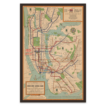 Nahaufnahme einer historischen Werbe-Karte der New Yorker U-Bahn auf hochwertigem Papier.