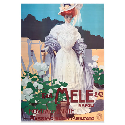 Historisches Italienisches Werbeposter im Stile Liberty mit typografischem Schriftzug Mele & C. Napoli.