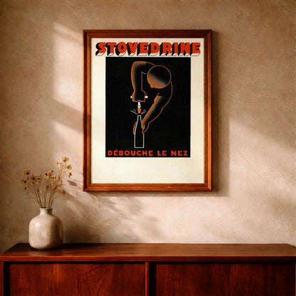 Vintage Werbeposter für Stovédrine Nasenspray mit einem Mann, der eine Flasche wie einen Weinkorken öffnet.