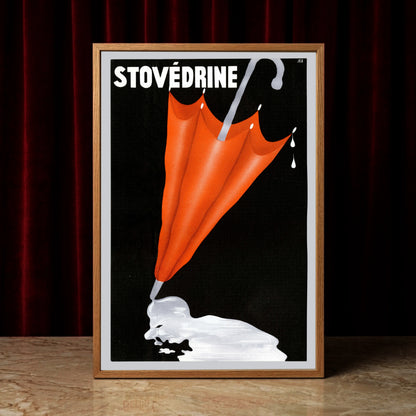 Vintage-Werbeplakat für Stovédrine mit einem geschlossenen roten Regenschirm auf schwarzem Hintergrund.