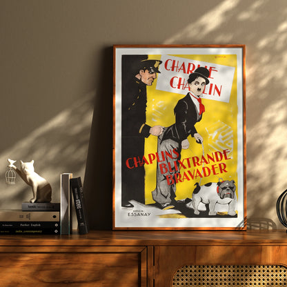 Werbegrafik für Chaplins Blixtrande Bravader aus den Jahren 1915-1916.