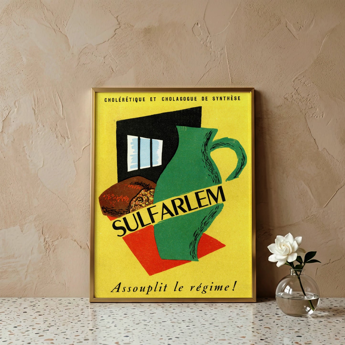 Illustriertes Vintage-Werbeplakat für Sulfarlem mit einem großen grünen Krug auf gelbem Grund.