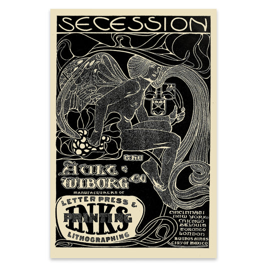 Klassisches Secessionismus-Plakat mit einer Liste internationaler Städte wie London, New York und Mexiko Stadt.