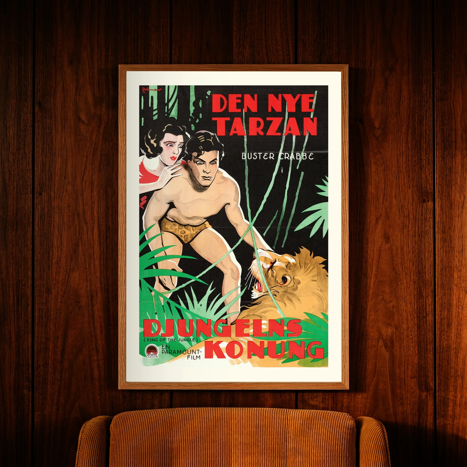 Vintage Filmplakat King of the Jungle mit roter Typografie und Abenteuerszene.