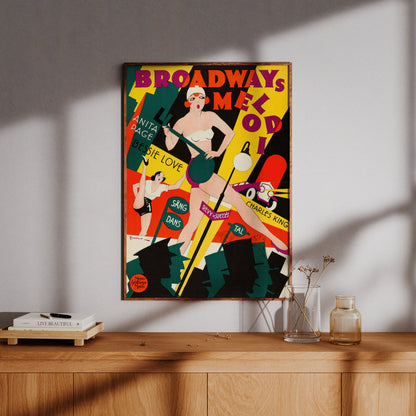 Art Deco Filmplakat von Eric Rohman für Broadway Melody 1929 mit Showgirl und geometrischen Formen.