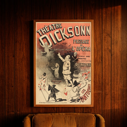 Antikes französisches Theaterplakat für Théâtre Dicksonn mit Zauberei-Motiven.