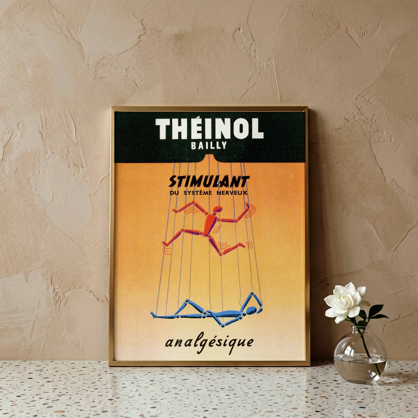 Vintage Grafik-Poster Théinol Bailly mit zwei Marionetten-Figuren