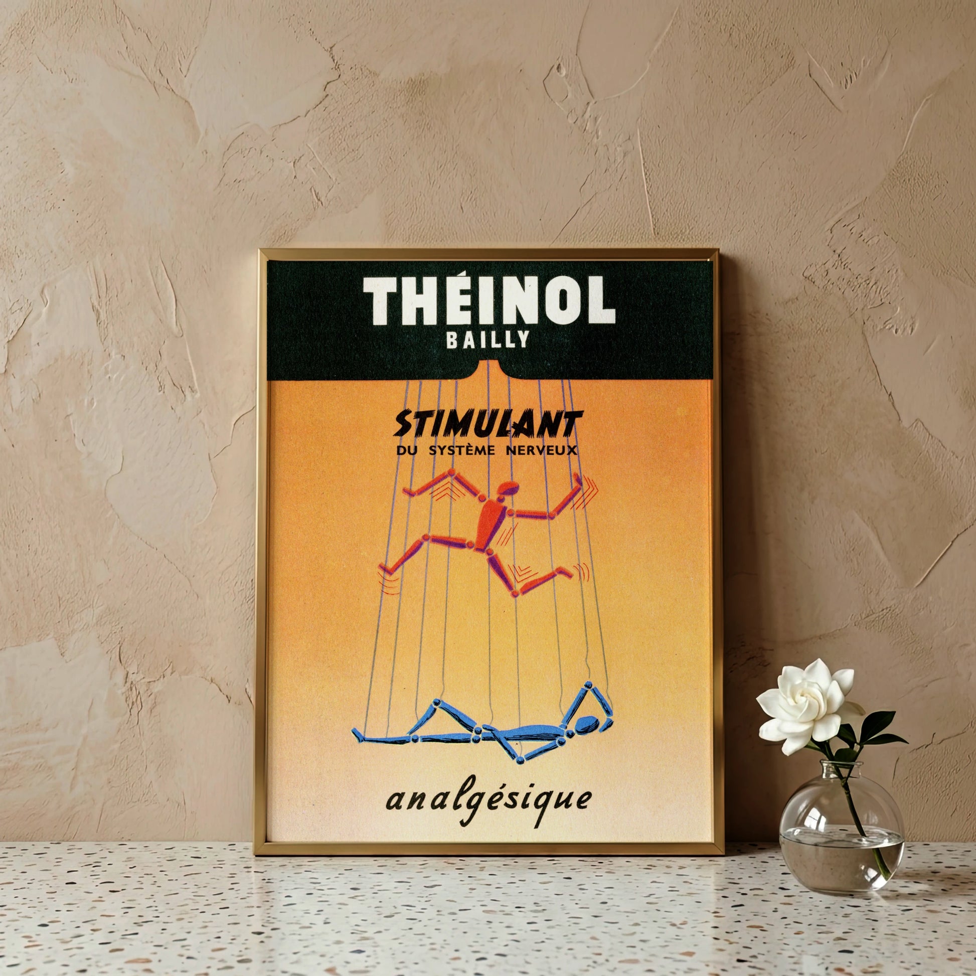 Vintage Grafik-Poster Théinol Bailly mit zwei Marionetten-Figuren