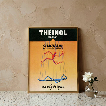 Vintage Grafik-Poster Théinol Bailly mit zwei Marionetten-Figuren