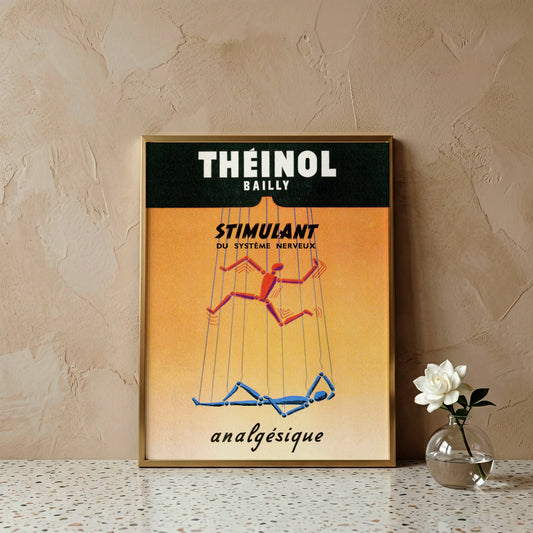 Vintage Grafik-Poster Théinol Bailly mit zwei Marionetten-Figuren