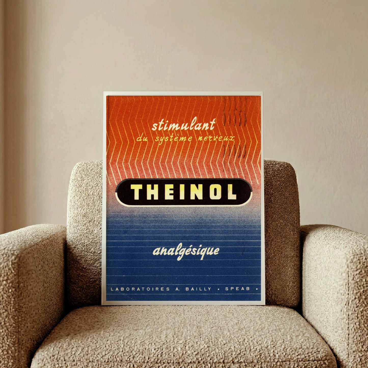 Vintage Werbegrafik für Theinol der Laboratoires Bailly mit orangefarbenem Zickzack-Muster oben und blauem Linienmuster unten.