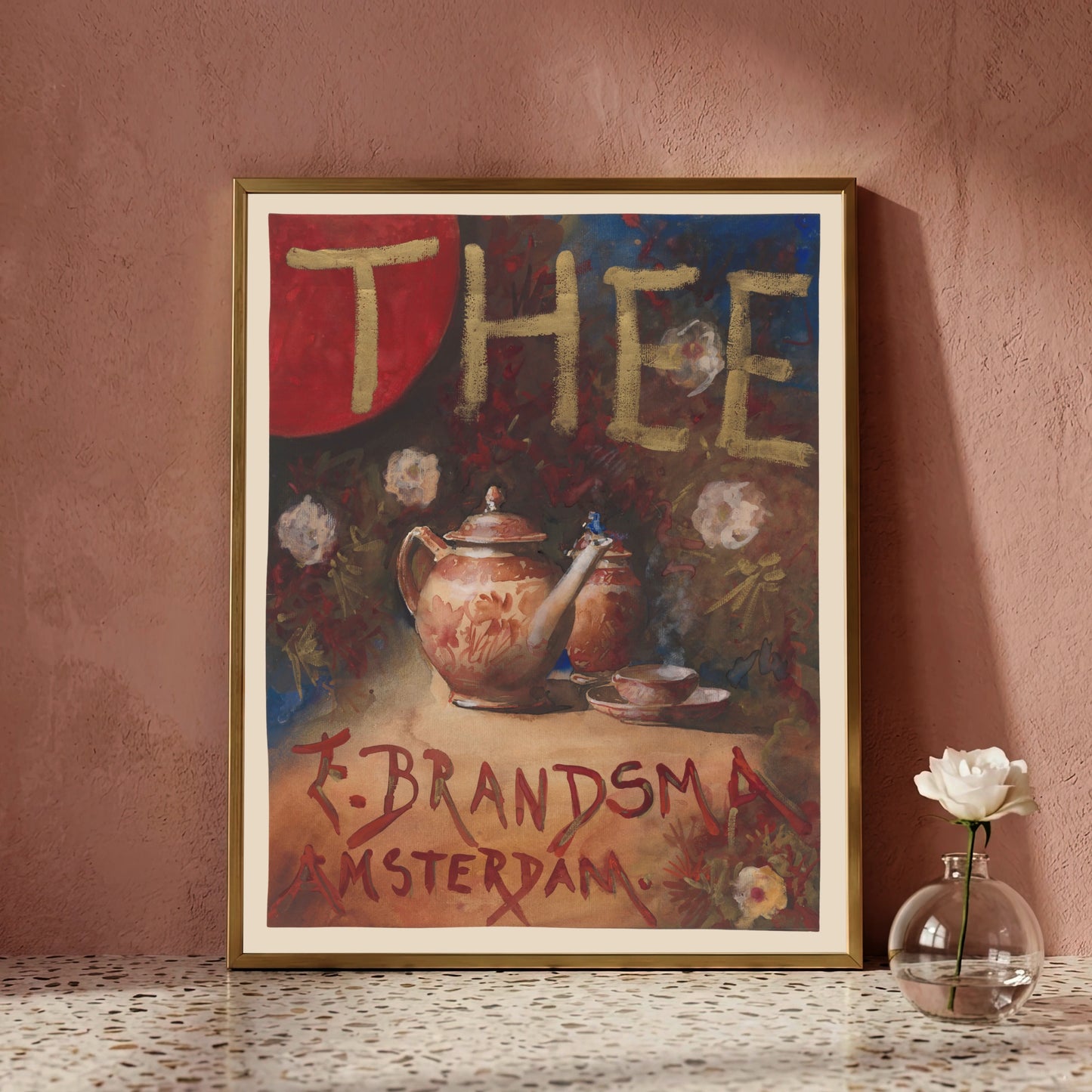 Jugendstil Poster für E. Brandsma Thee von Theo Molkenboer mit Teekanne und Tasse.