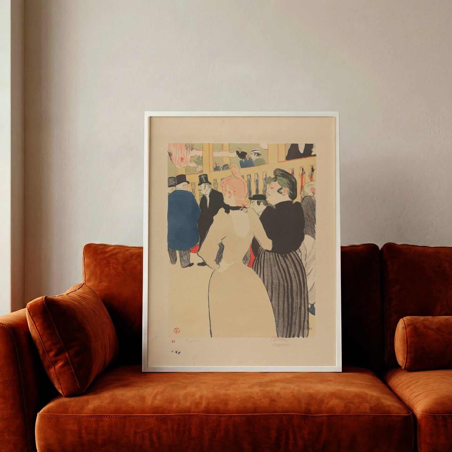 Detailgetreue Reproduktion eines Pariser Vintage-Posters von 1892 mit tanzenden Frauen und Männern in Zylindern.