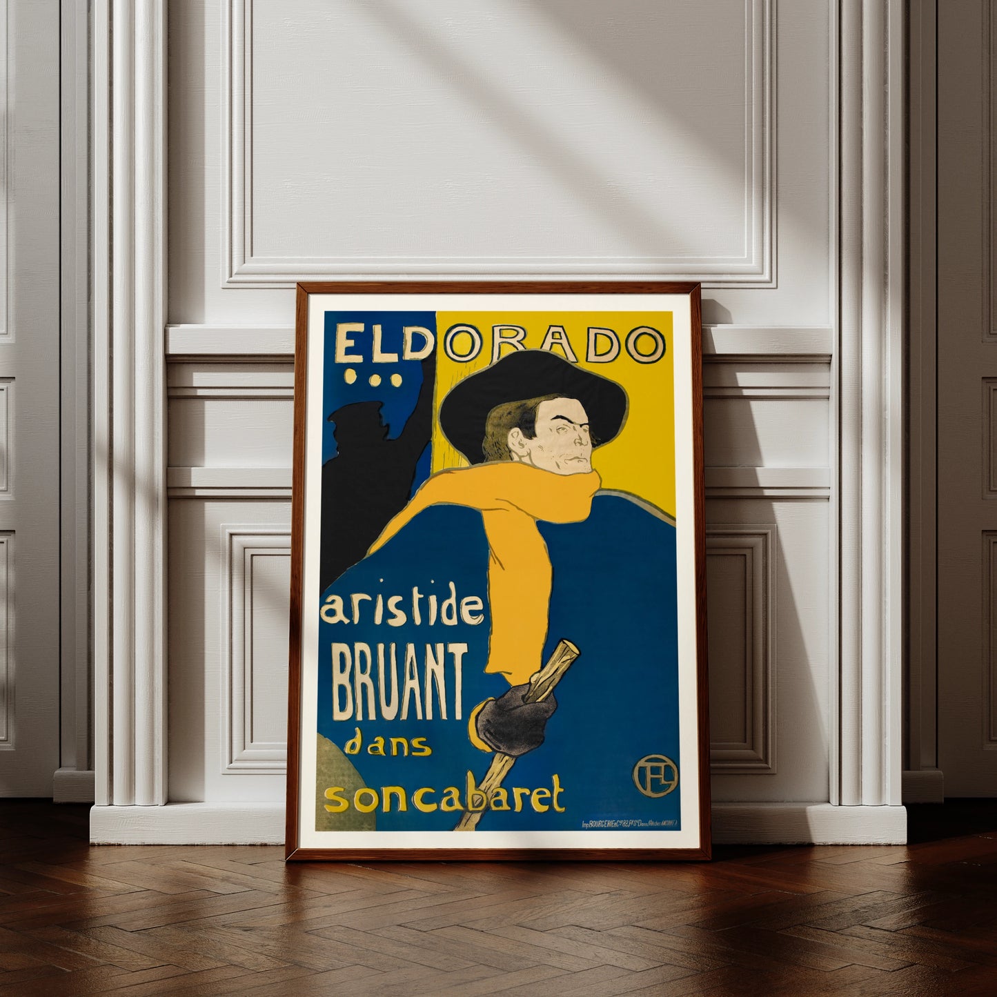 Vintage Plakat von Toulouse-Lautrec zeigt Aristide Bruant mit gelbem Schal vor blauem Grund.