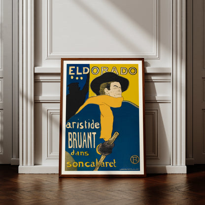 Vintage Plakat von Toulouse-Lautrec zeigt Aristide Bruant mit gelbem Schal vor blauem Grund.