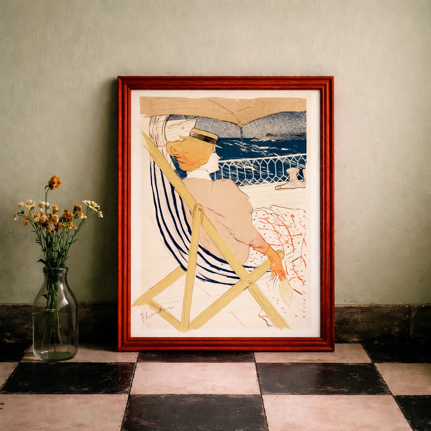 Jugendstil Plakat von 1896 zeigt eine elegante Dame mit Hut auf einer Schiffsreise
