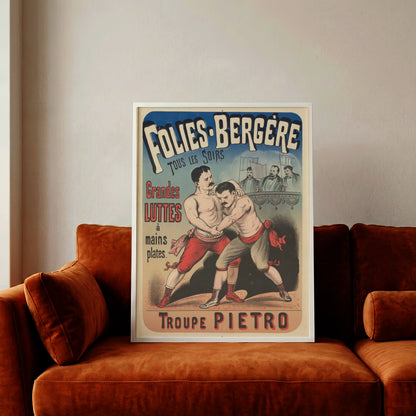 Detailgetreue Illustration zweier kämpfender Männer in historischer Sportbekleidung.