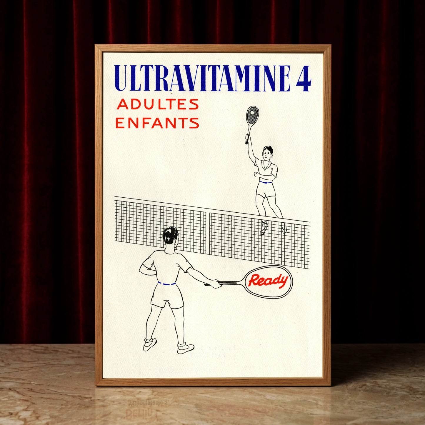 Minimalistische Zeichnung von zwei Tennisspielern auf einem Vintage-Poster für Ultravitamine 4.