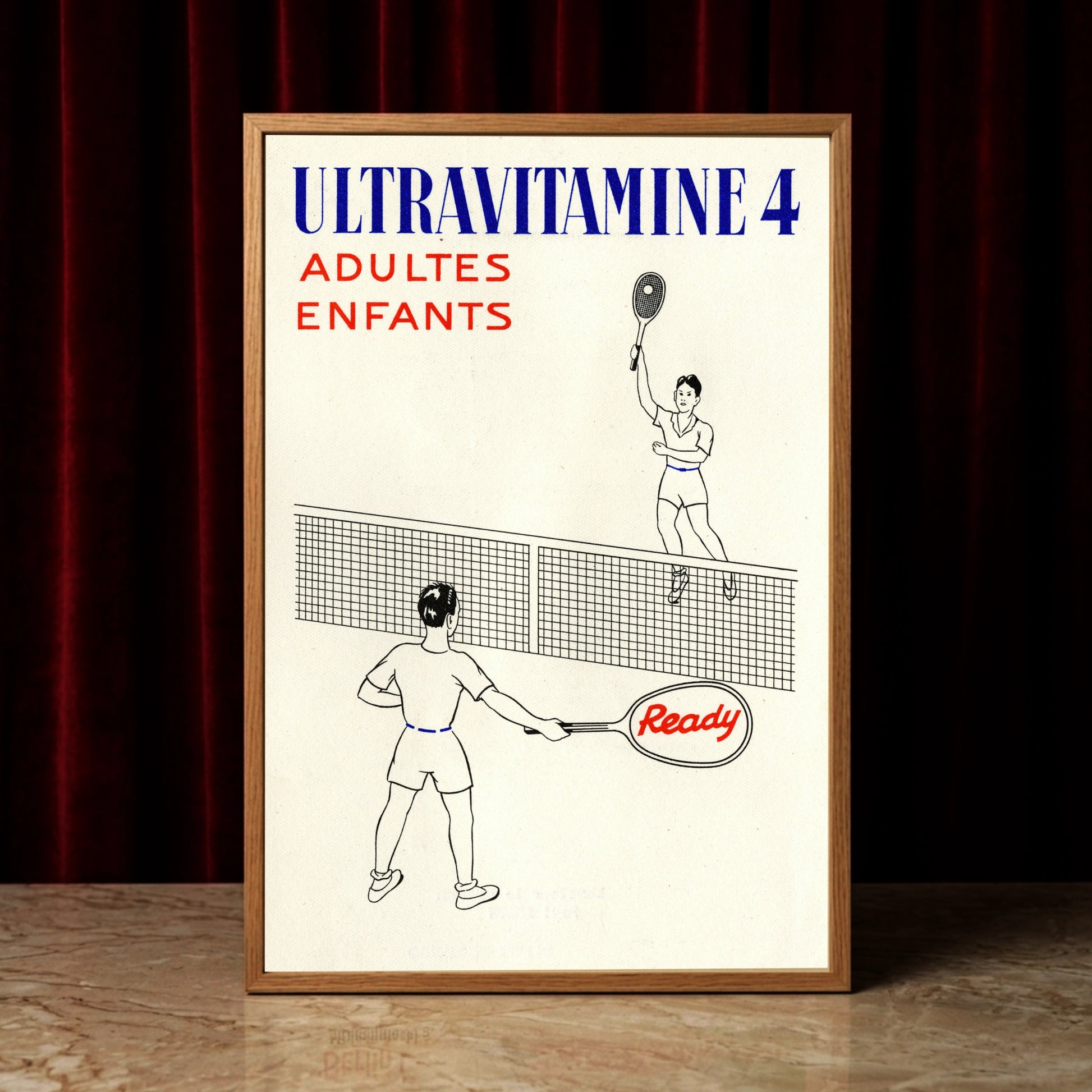 Minimalistische Zeichnung von zwei Tennisspielern auf einem Vintage-Poster für Ultravitamine 4.