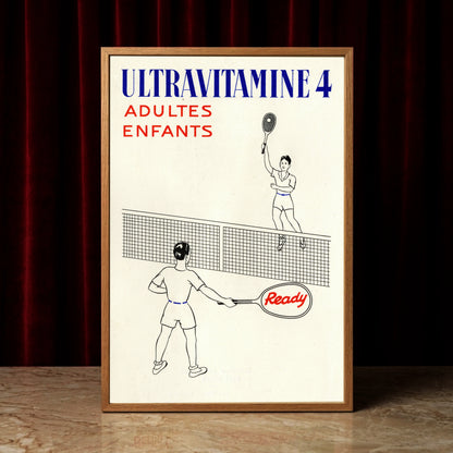 Minimalistische Zeichnung von zwei Tennisspielern auf einem Vintage-Poster für Ultravitamine 4.