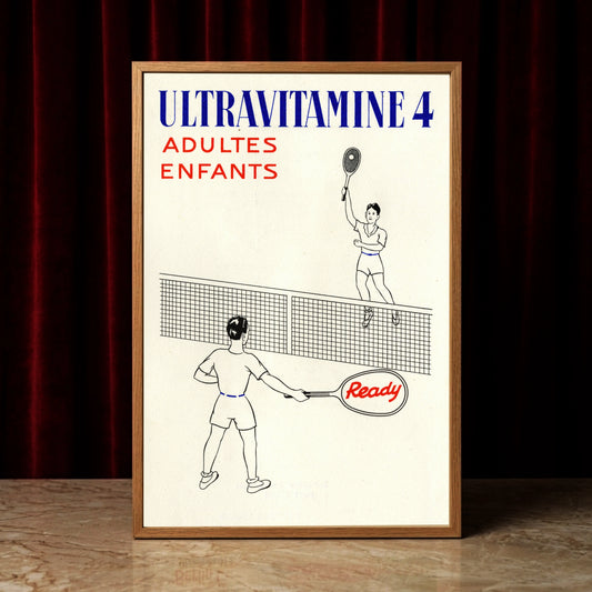 Minimalistische Zeichnung von zwei Tennisspielern auf einem Vintage-Poster für Ultravitamine 4.