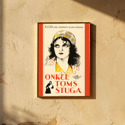 Vintage-Filmposter in Rot und Ocker mit schwedischer Typografie 'Onkel Toms Stuga'.